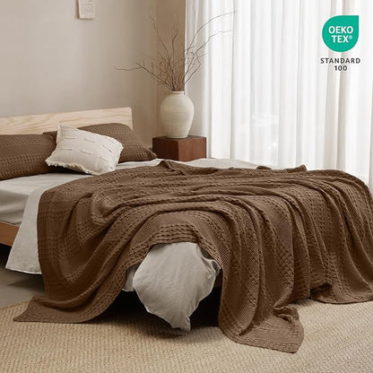 PHF 100% Cotton Waffle Weave Blanket Queen Size for Bed, Soft Lightweight & Breathable for Spring and Summer, All-Season Comfort, Luxury Aesthetic Blanket for Home Decor, 90"x90", Chocolate