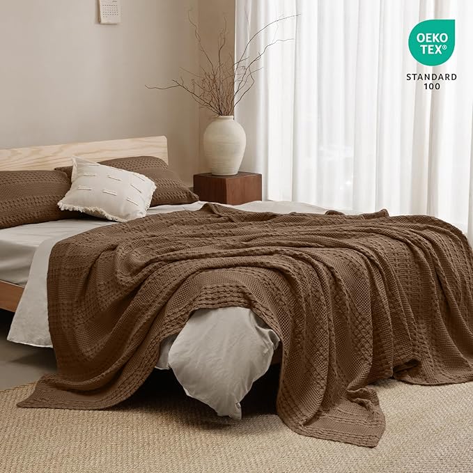 PHF 100% Cotton Waffle Weave Blanket King Size for Bed, Soft Lightweight & Breathable for Spring and Summer, All-Season Comfort, Luxury Aesthetic Blanket for Home Decor, 108"x90", Chocolate