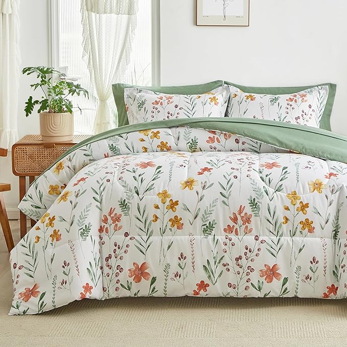 AIKASY Bed in a Bag 6 Pieces Twin Size - Floral Print - Soft Microfiber, Reversible Bed Comforter Set (1 Comforter, 2 Pillow Shams, 1 Flat Sheet, 1 Fitted Sheet, 1 Pillowcases)（White, Twin）