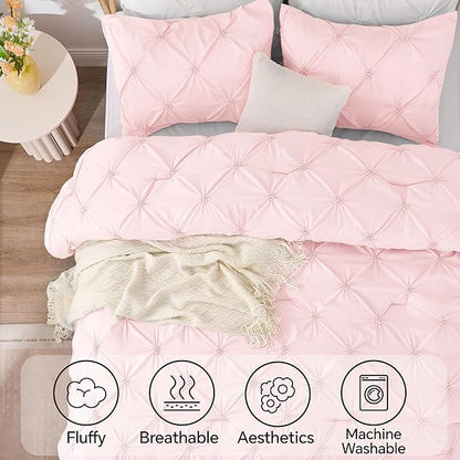 BEDELITE Baby Pink King Size Comforter Set - 3 Pieces Boho Pintuck Bedding Comforter Sets, Lightweight Soft & Warm King Bedding Set with 2 Pillowcases for All Season