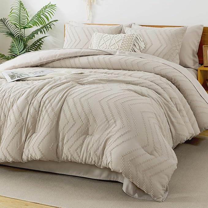 Litanika Oversized Alaskan King Comforter Set with Sheets 128x120, 7 Pieces Super King Plus Bed in a Bag Boho Tufted Bedding Comforter Sets Oatmeal