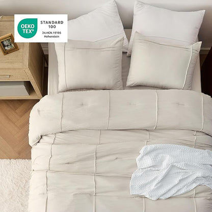 Bedsure King Comforter Set - 4 Pieces Grid Pleat Bed Set, Beige Boho Bedding for All Season, 1 Soft Comforter, 2 Pillowcases, 1 Decorative Pillow