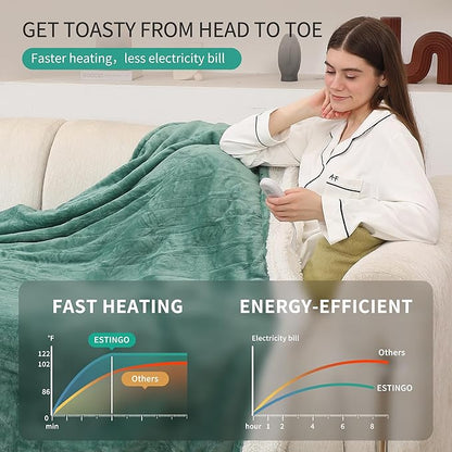 ESTINGO Heated Blanket Electric Blanket Twin Size, Fast Heating & Overheating Protection, Ultra Soft Twin Electric Heating Blanket with 5 Heating Levels & 10 Hours Auto Off, 62"x84", Forest Green