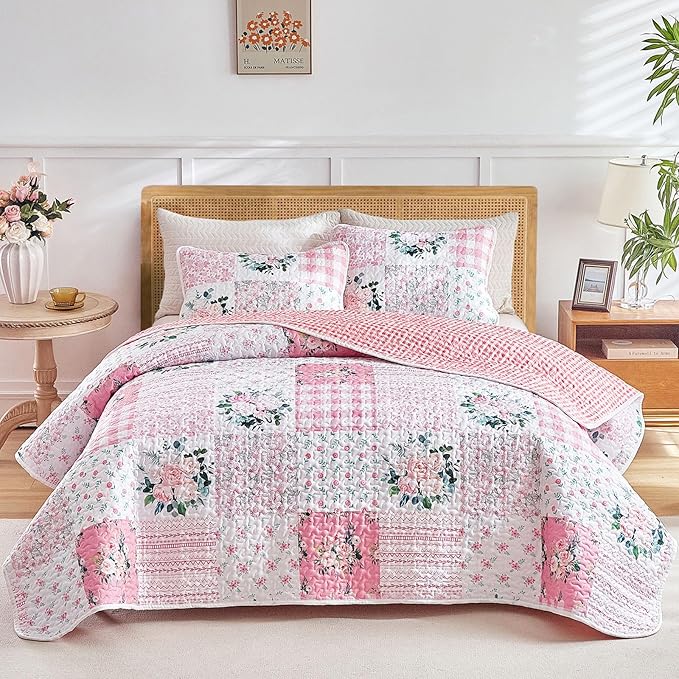 Joyreap 3 Pieces Floral Patchwork Quilt Set King, Pink n White Flowers Design, Soft n Cozy Microfiber Quilt, Bedspread Bed Cover for All Season, 1 Quilt and 2 Pillow Shams- 102x90 inches