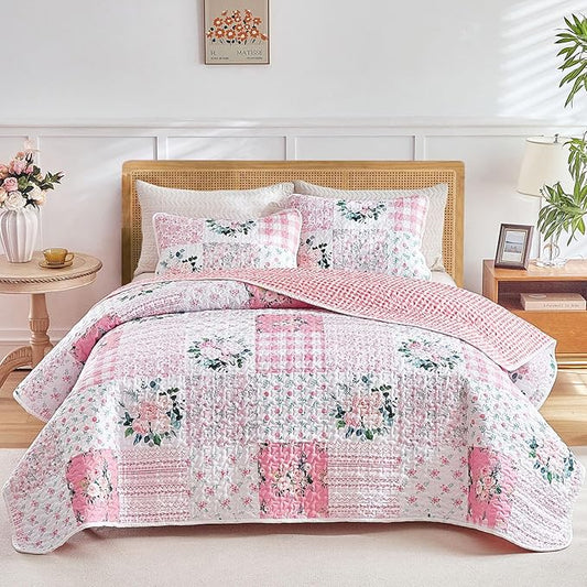 Joyreap 2 Pieces Floral Patchwork Quilt Set Twin, Pink n White Flowers Design, Soft n Cozy Microfiber Quilt, Bedspread Bed Cover for All Season, 1 Quilt and 1 Pillow Sham- 68x86 inches