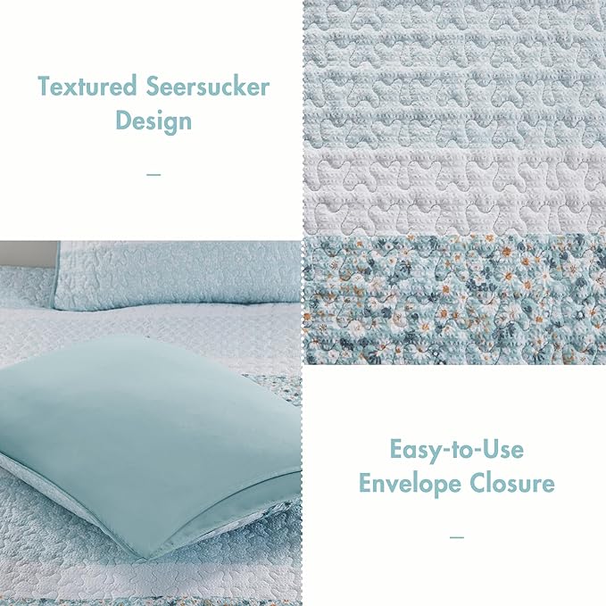 Madison Park Queen Quilt Set, Seersucker Floral Coverlet, All Season Lightweight Microfiber Bedding Quilt Set, Vermicelli Quilting Design, Throw Pillow, Caralie, Full/Queen Aqua 4 Piece