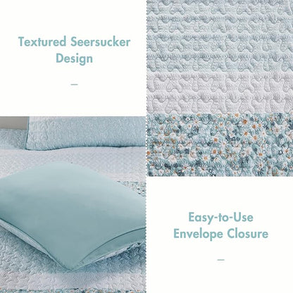 Madison Park King Quilt Set, Seersucker Floral Coverlet, All Season Lightweight Microfiber Bedding Quilt Set, Vermicelli Quilting Design, Throw Pillow, Caralie, King/Cal King Aqua 4 Piece