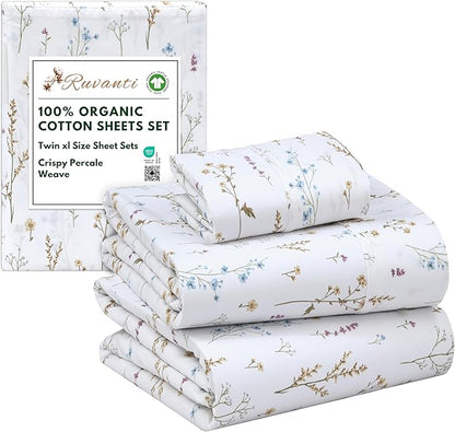 RUVANTI 100% Organic Cotton Sheets Twin XL, Percale Weave, GOTS Certified, 3-Piece Set, Deep Pocket 15", Crisp & Breathable, Soft Durable Bedding, Sábanas Algodón Orgánico – Field Flower