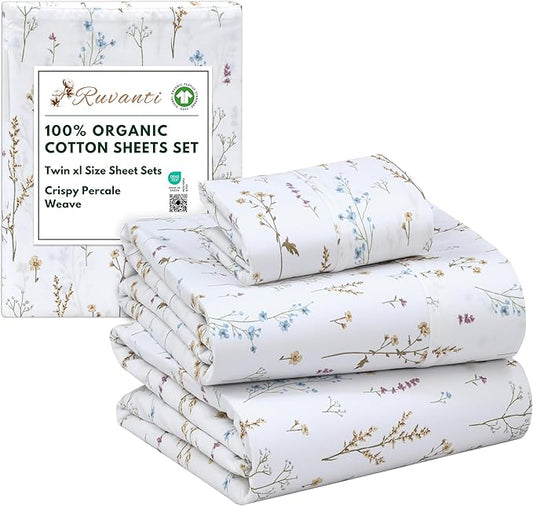 RUVANTI 100% Organic Cotton Sheets Twin XL, Percale Weave, GOTS Certified, 3-Piece Set, Deep Pocket 15", Crisp & Breathable, Soft Durable Bedding, Sábanas Algodón Orgánico – Field Flower