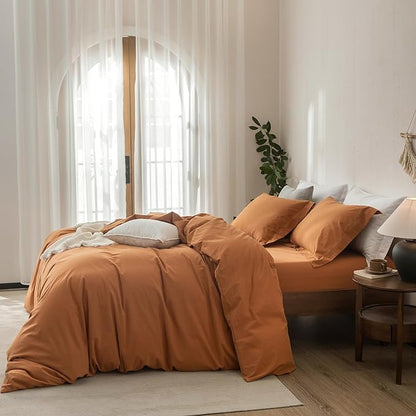 Linen Feel Duvet Cover King Size 104inch x 90inch,100% Washed Cotton Duvet Cover with Zipper Closure and 2 Pillowcases, Color of Burnt Orange