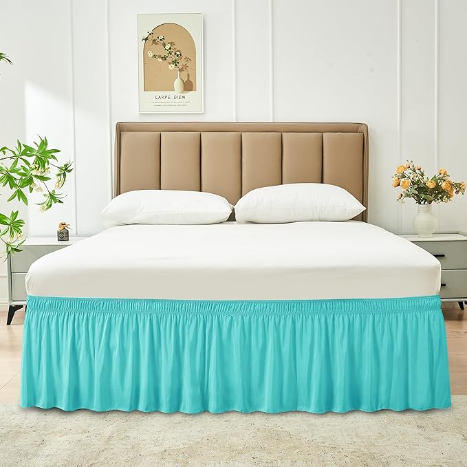 Biscaynebay Wrap Around Bed Skirts for Queen Beds 19" Long Drop, Aqua Adjustable Elastic Dust Ruffles Easy Fit Wrinkle Resistant Silky Luxurious Fabric Machine Washable