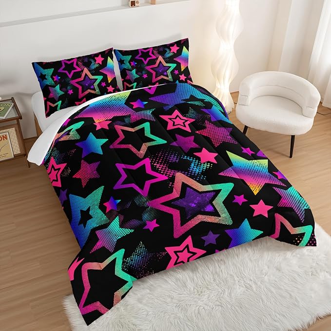 Kawaii Color Star Comforter Set Kids Bedroom Set,Neon Light Star Bedding Full Size Comforter Sets for Boys Girls Room Decor,Aesthetic Bedding Sets with 2 Pillowcases.