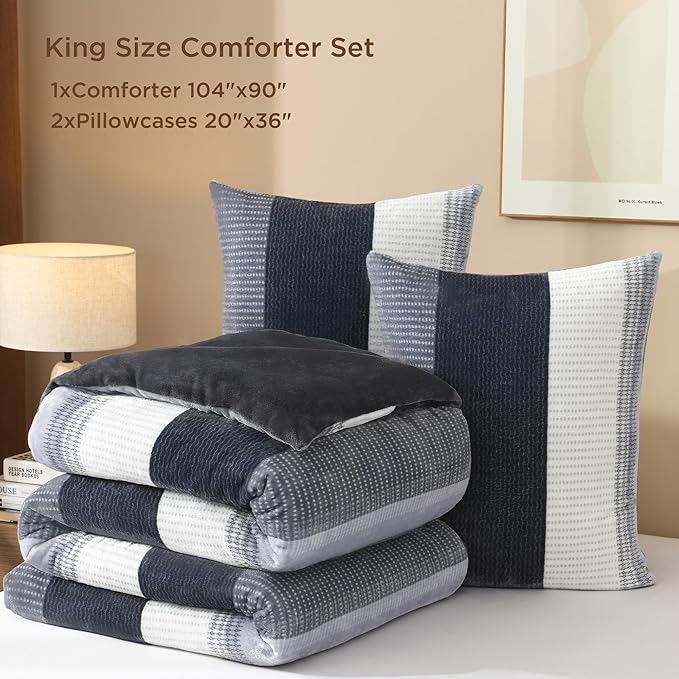 Litanika Fluffy Fleece King Size Comforter Set, Luxury Soft Plush Fuzzy Dark Grey Stripe Bedding Comforter Sets, Warm Shaggy Faux Fur Bed Set All Season (1 Comforter, 2 Pillowcases)
