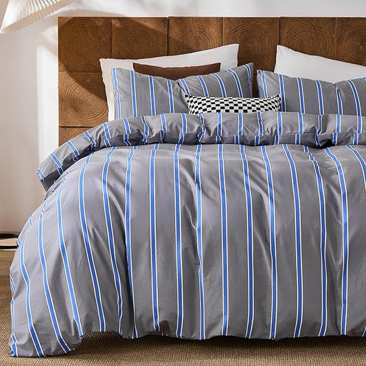 Merryword Blue and Gray Striped Duvet Cover Set Queen Size 100% Cotton Bedding Set with Modern Coastal Style Soft Breathable Linen Like Bedding Set 3 Pieces