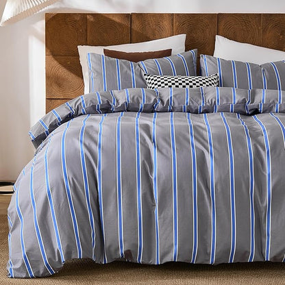 Merryword Blue and Gray Striped Duvet Cover Set King Size 100% Cotton Bedding Set with Modern Coastal Style Soft Breathable Linen Like Bedding Set 3 Pieces