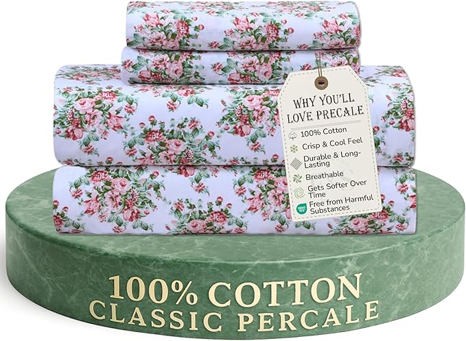 Feather & Stitch Softest 100% Cotton Sheets, 300 Thread Count Percale Weave Bedding, 16" Deep Pocket, Cooling Sheets, Breathable Bed Set, Hotel Premium Quality (King, Floral)