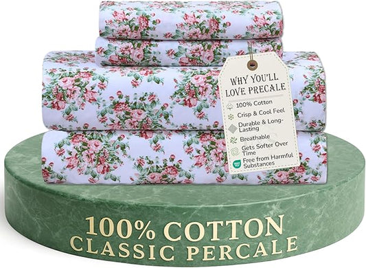 Feather & Stitch Softest 100% Cotton Sheets, 300 Thread Count Percale Weave Bedding, 16" Deep Pocket, Cooling Sheets, Breathable Bed Set, Hotel Premium Quality (Full, Floral)