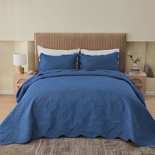 Kingnex Oversized King Bedspreads 128x120 for Extra Wide Tall King or Cal King Bed Ultrasonic Quilted Coverlet Set 3 Piece Include 1 Quilt 2 Pillowcases Navy