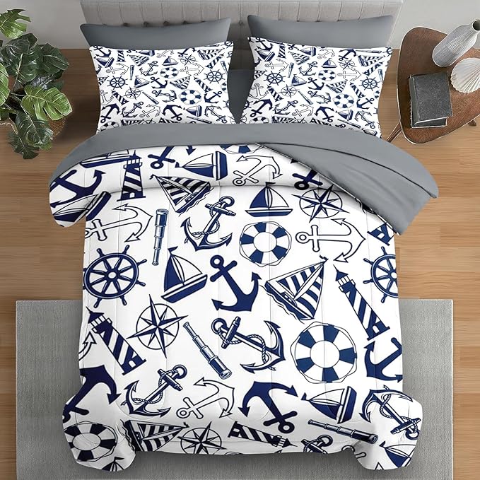 Comforter Set King Size, Nautical Anchors Navy Blue 7 Pcs Bedding for Kids and Adults, Retro Sailor Lighthouse Bed Sheet Sets with Fitted Sheet 2 Pillowcase & 2 Sham for Bedroom Bed Decor
