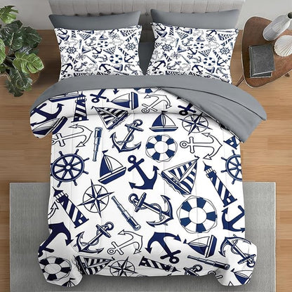 Comforter Set King Size, Nautical Anchors Navy Blue 7 Pcs Bedding for Kids and Adults, Retro Sailor Lighthouse Bed Sheet Sets with Fitted Sheet 2 Pillowcase & 2 Sham for Bedroom Bed Decor