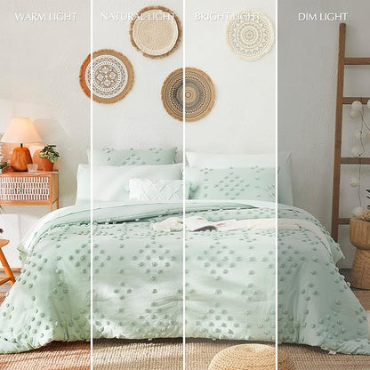 Geniospin Sage Green Queen Comforter Set for Girls- 7 Pieces Pom Tufted Bed in A Bag Twin Bedding Sets with Sheets, Pillowcases & Shams, All Season Kids Comforter Set