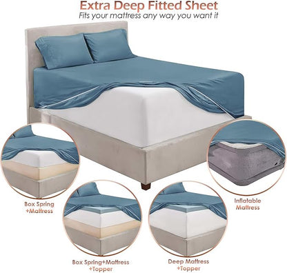 Nestl Queen Size Sheet Set, 4 Piece Extra Deep Pocket (18-24 inches), Microfiber, Cooling, Hotel Luxury, Soft, Breathable, Wrinkle-Free, Easy to Care, Stone Blue