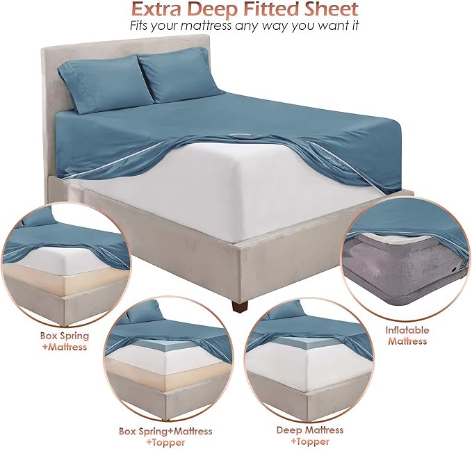 Nestl King Size Sheet Set, 4 Piece Extra Deep Pocket (18-24 inches), Microfiber, Hotel Luxury, Soft, Breathable, Wrinkle-Free, Easy to Care, Stone Blue