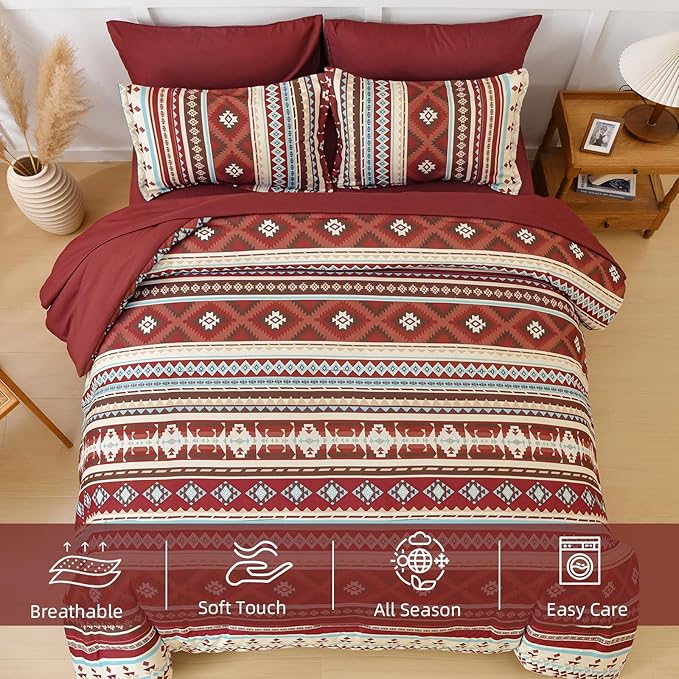 Dinjoy Boho King Size Bed in a Bag 7 Pieces,Red Comforter Set Aztec Striped Fall Bedding Set Bohemian Complete Set with Sheet Fluffy Geometric Burgundy Comforters for Women Men 90"×104"