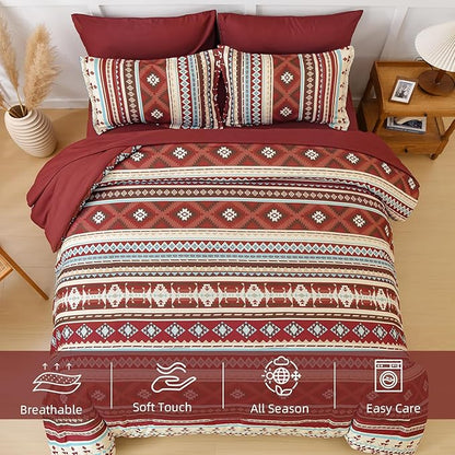 Dinjoy Boho King Size Bed in a Bag 7 Pieces,Red Comforter Set Aztec Striped Fall Bedding Set Bohemian Complete Set with Sheet Fluffy Geometric Burgundy Comforters for Women Men 90"×104"