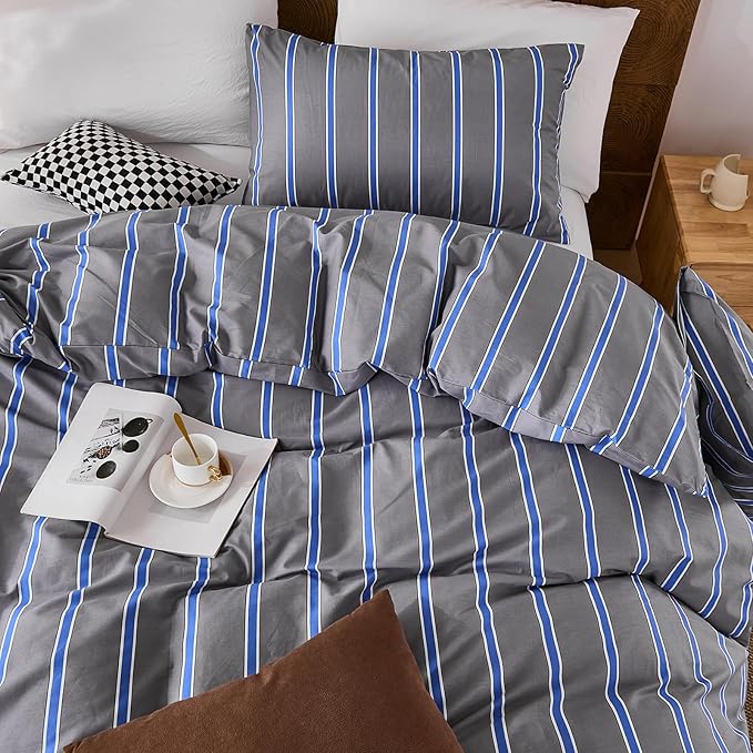 Merryword Blue and Gray Striped Duvet Cover Set Queen Size 100% Cotton Bedding Set with Modern Coastal Style Soft Breathable Linen Like Bedding Set 3 Pieces