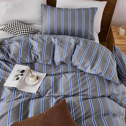 Merryword Blue and Gray Striped Duvet Cover Set King Size 100% Cotton Bedding Set with Modern Coastal Style Soft Breathable Linen Like Bedding Set 3 Pieces
