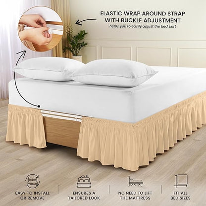 Wrap Around Ruffle Queen Size Bed Skirt – Adjustable Buckle & Elastic Belt for Easy Installation, 16 Inch Drop – Brushed Microfiber - Machine Washable, Fade and Wrinkle Resistant, Beige