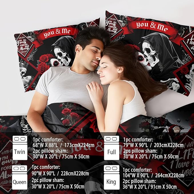 Red Skull Comforter Set Queen Size Women Men Black Goth Bedding Set Girls Gothic Queen Size Comforter Couple Red Rose Couple Bedding Boho Skull Quilt Bedroom Decor