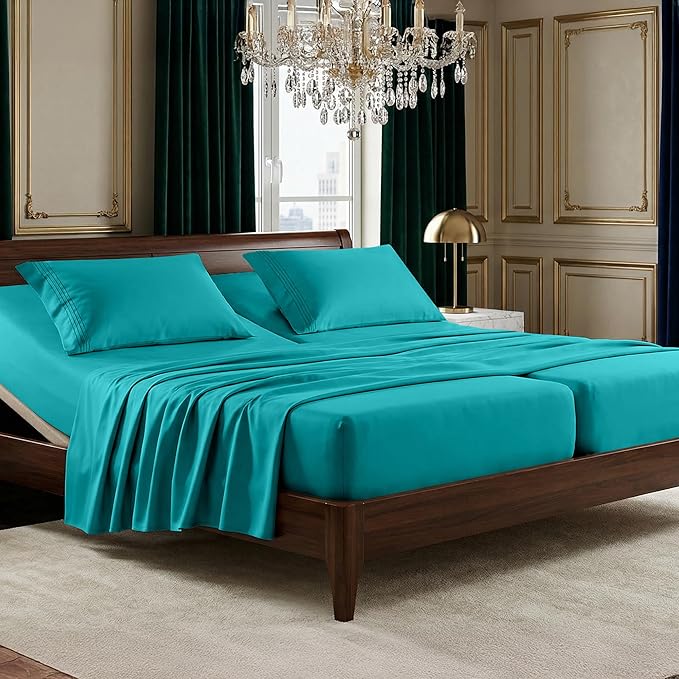 Elegant Comfort Luxurious 1500 Premium Hotel Quality Microfiber Three Line Embroidered Softest 5-Piece Bed Sheet Set, Wrinkle And Fade Resistant, Split King, Turquoise