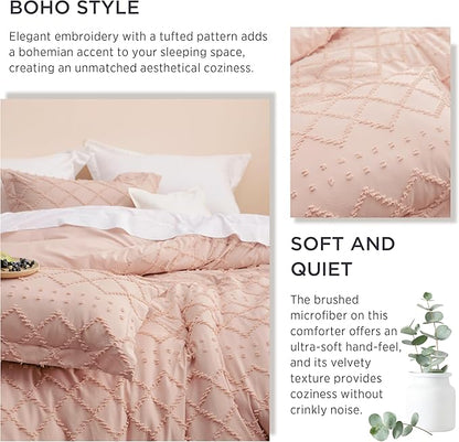 Bedsure Oversized Queen Comforter Set - Coral Pink Comforter, Boho Tufted Shabby Chic Bedding for Kids, 3 Pieces Vintage Farmhouse Bed Set for All Seasons, Fluffy Soft Bedding with 2 Pillow Shams