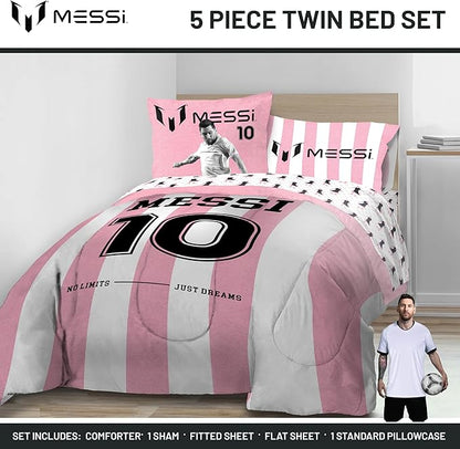 Jay Franco Kids Comforter Set Includes Sheets and Pillow Covers - Soft and Cozy Bed Set for Stylish Room Decor, Official Licensed Bedding, Pink - Messi, 5 Piece Twin