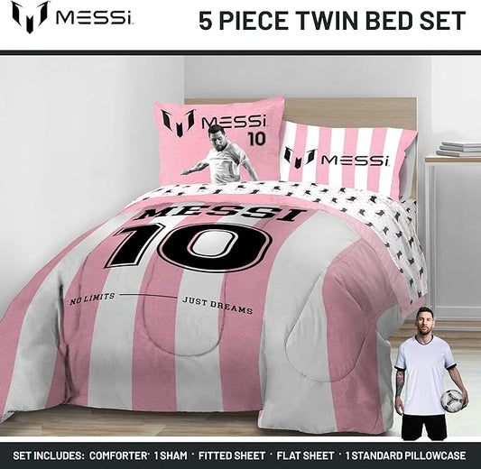 Jay Franco Kids Comforter Set Includes Sheets and Pillow Covers - Soft and Cozy Bed Set for Stylish Room Decor, Official Licensed Bedding, Pink - Messi, 5 Piece Twin