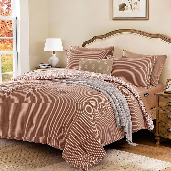 Full Comforter Set - 7 Pieces Autumn Leaf Gauze Muslin Bedding Sets for All Seasons, Lightweight Breathable Bed in a Bag Full with Revesible Farmhouse Comforter, Sheets, Pillowcases & Shams