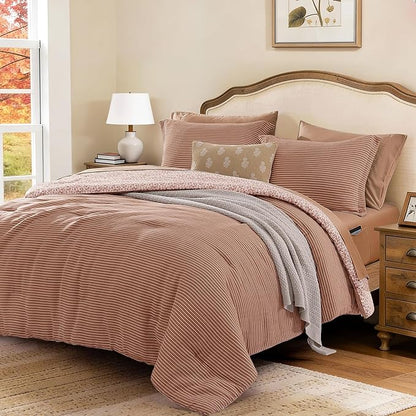 Full Comforter Set - 7 Pieces Autumn Leaf Gauze Muslin Bedding Sets for All Seasons, Lightweight Breathable Bed in a Bag Full with Revesible Farmhouse Comforter, Sheets, Pillowcases & Shams