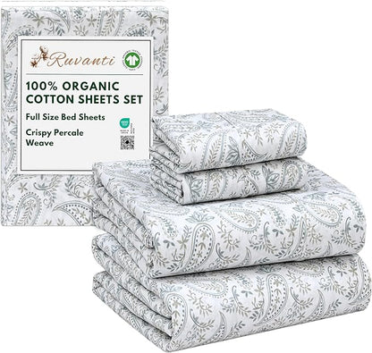 RUVANTI 100% Organic Cotton Sheets Full Size, Percale Weave, GOTS Certified, 4-Piece Set, Deep Pocket 15", Crisp & Breathable, Soft Durable Bedding, Sábanas Algodón Orgánico – Ornate Oasis
