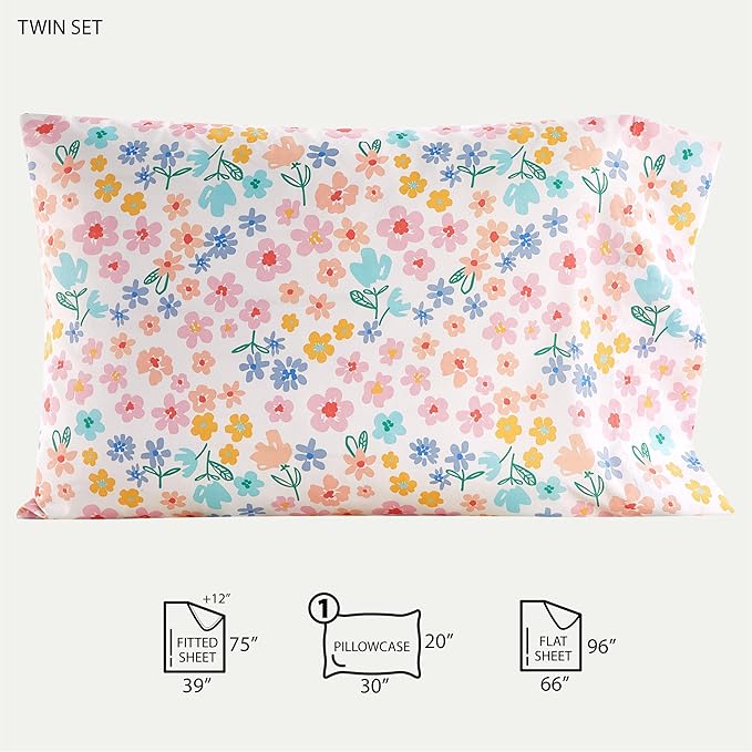 Heritage Kids 3-Piece Twin Sheet Set,Ditsy Floral Print in Multi-Color,Includes Top Sheet, Fitted Sheet & Pillowcase,Soft Microfiber Bedding for Girls Bedroom