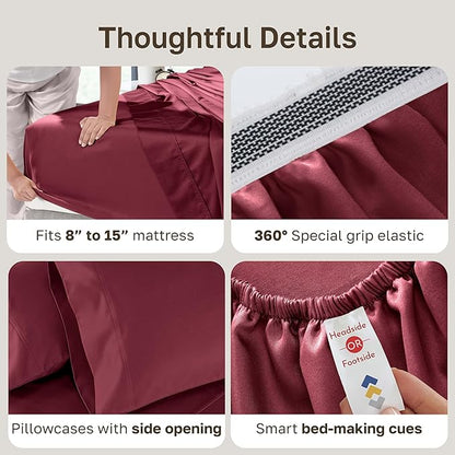California Design Den Split King Sheets Set - Luxury Hotel 800 Thread Count Sateen, Soft and Natural 100% Cotton Sheets, Deep Pockets for a Snug Fit, Durable Bedding Set - Red Wine