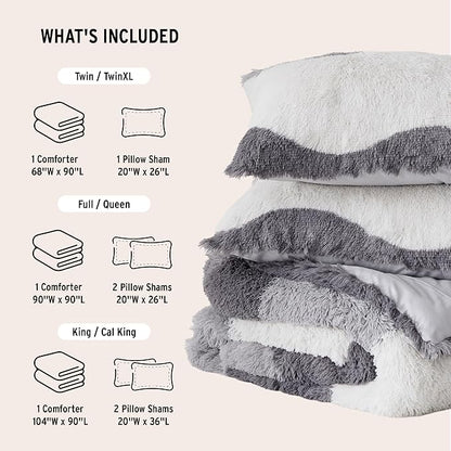 Intelligent Design Shaggy Faux Fur Comforter Set, Cozy & Soft Long Fur with Ombre Color Waves Pattern, Modern All Season Down Alternative Bed Set with Matching Sham, Cassie Full/Queen Grey 3 Piece