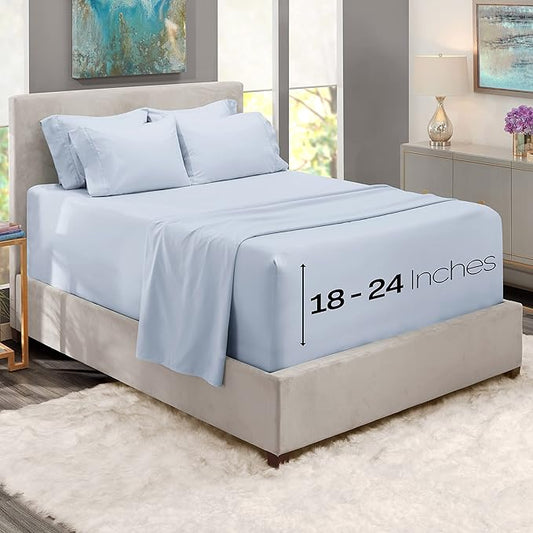 Hearth & Harbor Extra Deep Pocket Sheets - Fits Mattress 18-24 Inches Deep - Extra Deep Pocket Full Size Sets - 6 Piece Full Size - Full - Ice Blue