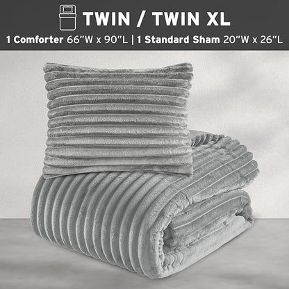 Intelligent Design Twin Comforter Set, Cozy Plush Bedding, Microfiber Reverse, 2 Piece, Lightweight, Super Soft Ribbed Velvet Comforter 1 Sham, All Season Fluffy Bed Set, Avril, Twin/Twin XL Grey