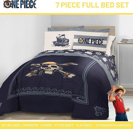 Jay Franco One Piece Full Size Comforter Set - 7 Piece Blue Bedding Includes Sheet Set & Pillow Covers - Super Soft Anime Bedding with Skull and Bones