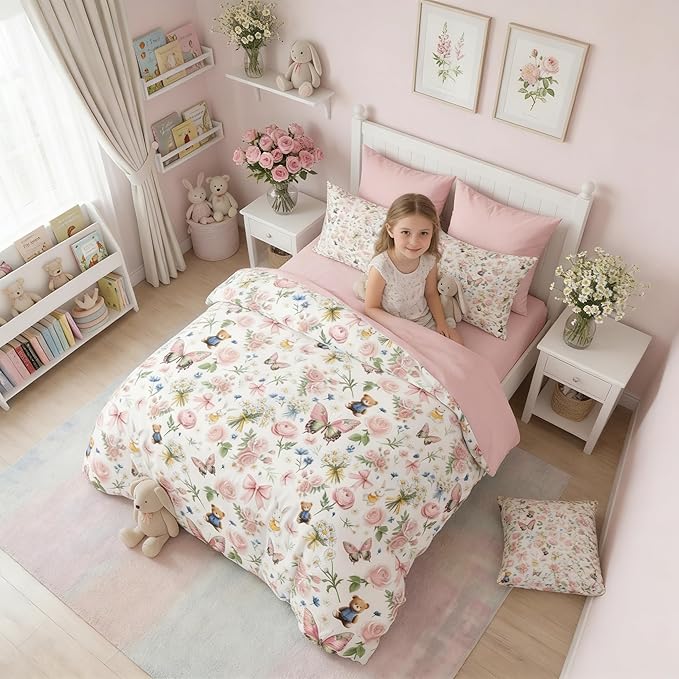 Pink Bow Comforter Set Twin for Girls, 2Pcs Butterfly Bedding for Kids Kawaii Bedroom Decor, Cute Priness Girly Rabbit Bear Comforter Set with 1 Pillowcase, 68"x86"
