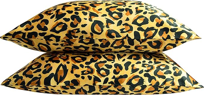 NTBAY 2 Pack Satin Queen Pillowcases for Hair and Skin, Luxurious and Silky Leopard Printed Pillow Cases with Envelope Closure, 20x30 Inches, Yellow and Black