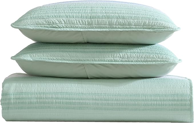 Beatrice Home Fashions Coralinn Striped 3-Piece Quilt Set, Lightweight, All-Seasons, King, Sage Blue