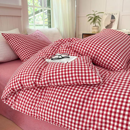 LifeTB Red Gingham Comforter Set Twin XL Modern Style Red Plaid Comforter Set 3 Pieces Soft Fluffy Grid Checkered Pattern Comforter with 2 Pillowcases Farmhouse Gingham Bedding Set Breathable